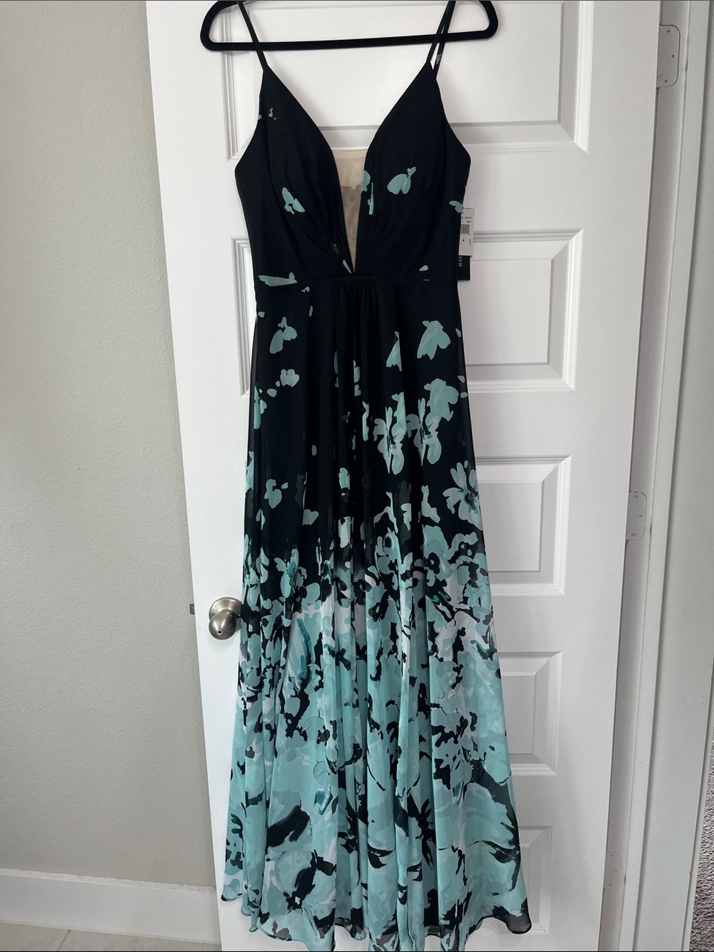 Betsy & Adam Black and Aqua Floral Maxi Dress